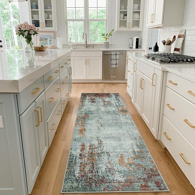 Runner Rug for Hallways Kitchen 2'6"x8' Washable, Non Slip Carpet 8ft Area Rugs Entryway Rubber Backed 8 Feet Neutral Abstract Modern Low Pile Indoor Red Brown