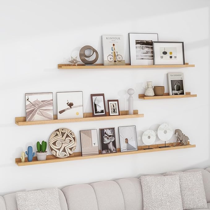 Solid Ash Wood Picture Ledge Shelf, Wood Floating Shelves Set of 2, 48 Inch Long Large Photo Ledge Shelves, Nursery Book Shelves Wall Mounted for Living Room Kids' Bedroom Decor, Natural