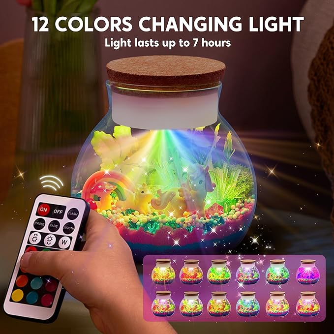 Klever Kits Make Your Own Unicorn Crystal Terrarium Crafts Kit for Kids-Crystal Growing Science 12 Color LED Night Light Unicorn Birthday Gifts Toys for Girls