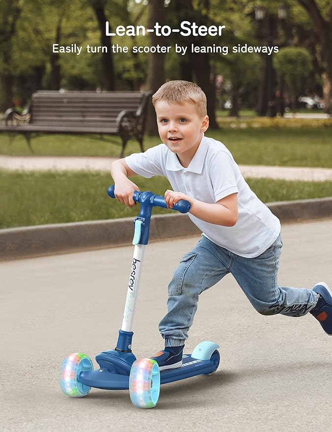 Besrey Kick Scooter for Kids Ages 3-10, 3-Wheel Folding Scooter with Adjustable Height, LED Light Wheels, Extra Wide Deck for Outdoor Activities