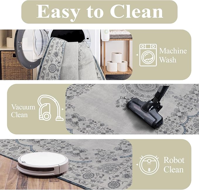 Washable Area Rugs 8x10, Large Rugs for Living Room, Carpet for Bedroom, Soft Faux Wool Retro Dining Room Rug, Non-Slip Backing Resistant Low Pile Vintage Print Rug for Home Office (Grey/Blue)