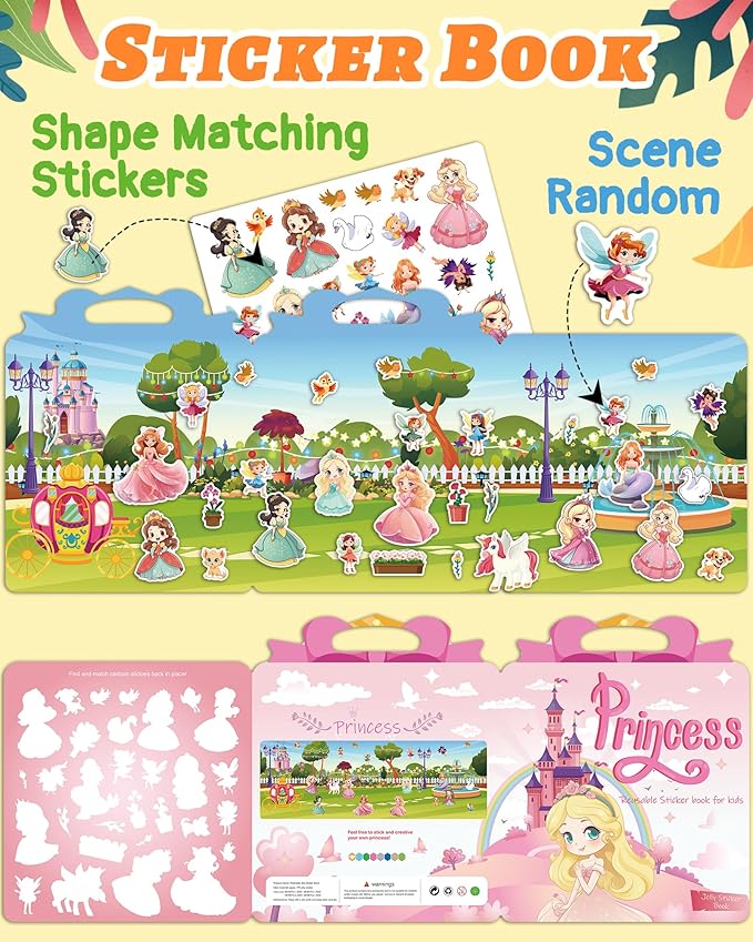 Benresive Reusable Sticker Book for Toddlers 2-4 Years, Fun Travel Stickers for Kids, Waterproof Sticker Books for Toddlers 1-3, Crafts Activities for Todddlers 1-3 2-4 3-5 - Princess
