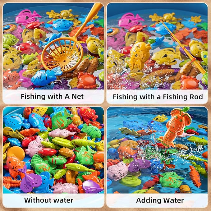 Magnetic Fishing Game Pool Toys for Kids 3-5, Water Table Bathtub Kiddie Party Toy with Pole Rod Net Plastic Floating Fish, Outdoor Toys for Kids Age 3 4 5 6 7 8 Year Old