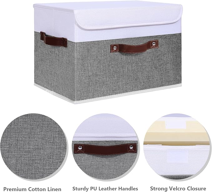 ANMINY 4PCS Storage Boxes with Lid Washable Decorative Storage Bins Basket with PU Leather Handle Foldable Linen Fabric Storage Cubes Containers for Home Closet Organizer - Gray White, Large Size