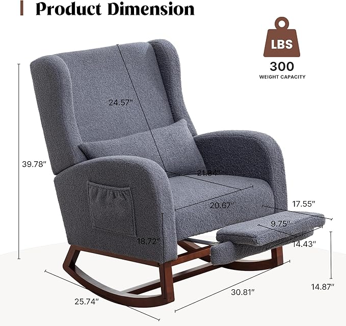 Rocking Chair Nursery,Teddy Nursery Rocking Chairs with Foot Rest, Sherpa Glider Rocker Nursing Chair with High Back for Nursing, Living Room, Bedroom, Dark Grey