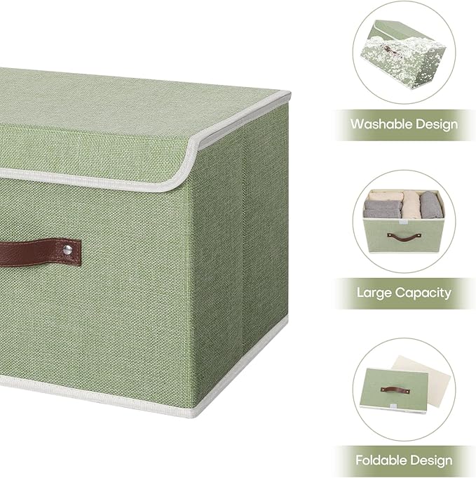 ANMINY 4PCS Storage Bins with Lid PU Leather Handles Storage Boxes PP Plastic Board Decorative Foldable Lidded Cotton Linen Fabric Home Cubes Baskets Closet Organizer Containers - Green, Large Size