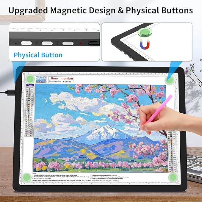 TOHETO A3 Light Board with Bag for Diamond Painting, Super Bright Magnetic Light Pad with Side Buttons, Lightbox for Tracing and Drawing, Corded Light Table for Sketching, Weeding Vinyl (Black)