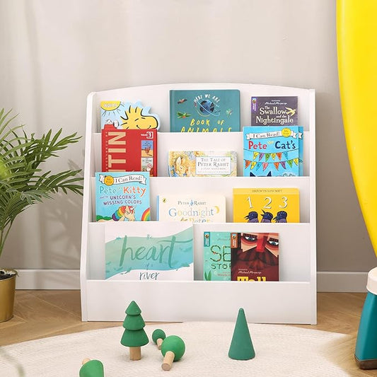 TOETOL 4-Tier Kids Bookshelf - Toddler Book Display Shelves for Classrooms, Playrooms, and Nursery - Wooden Children Book Rack (White)