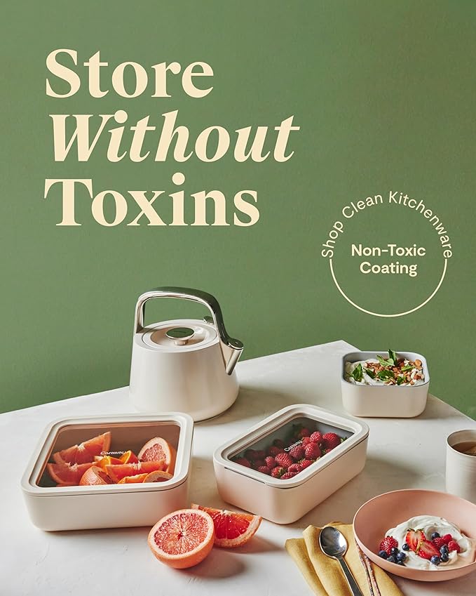 Caraway Glass Food Storage, 10 Cup Glass Container - Ceramic Coated Food Container - Non Toxic, Non Stick Lunch Box Container with Glass Lids. Dishwasher, Oven, & Microwave Safe - Square Shape - Gray