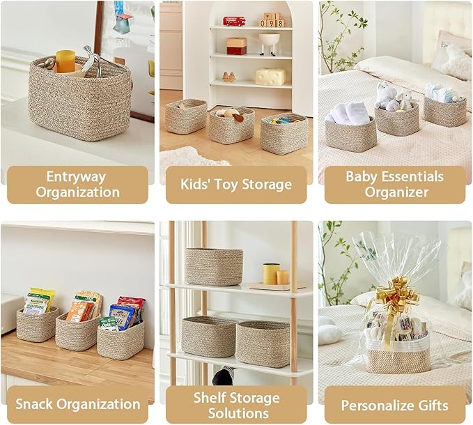 Small Cotton Rope Storage Basket Set of 3-11"x7"x7" Perfect Woven Baskets for Storage, Ideal Storage Baskets for Organizing Toys, Towels, and More - Baskets for Shelves and Home Decor（Beige）