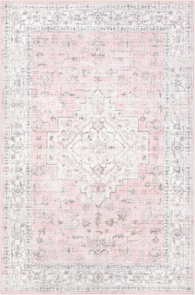 LIVEBOX Pink 6x9 Area Rug for Bedroom Girls, Boho Washable Rugs for Living Room Nursery, Non-Slip Indoor Soft Carpet Low-Pile Farmhouse Carpets for Dining Room Kids Playroom, Pink