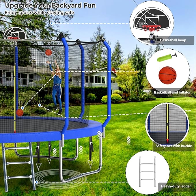 Upgraded Trampoline 8FT/10FT/12FT/14FT With Basketball Hoop, Light, Sprinkler, Stakes - Outdoor Backyard for 4-6 Kids and Adults