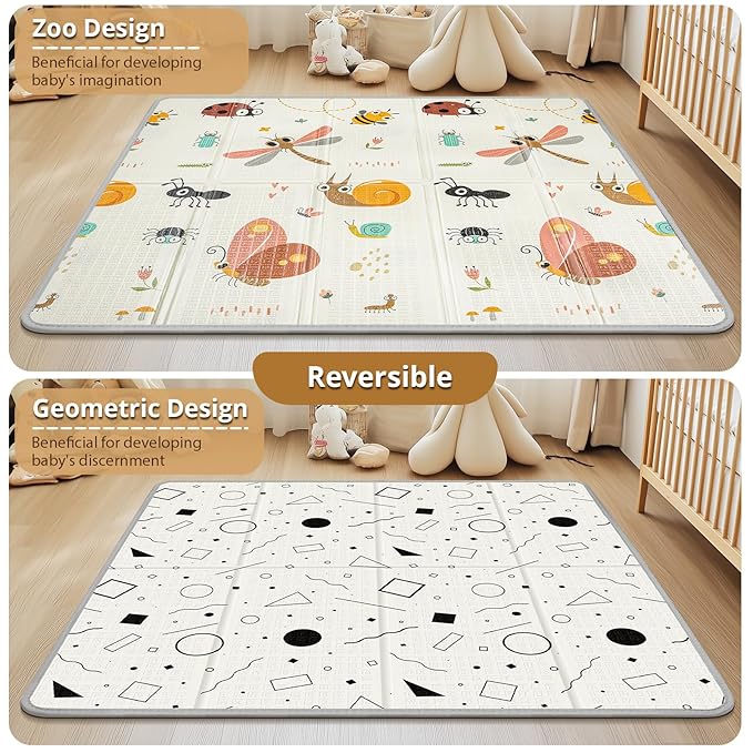 Foldable Baby Play Mat, PIGLOG Waterproof Playmats for Babies and Toddlers Kids, Safe Foam Playmat for Tummy Time, 50x50 Playpen Mat, Reversible Portable Baby Floor Mat for Infant, Toddler, Dragonfly