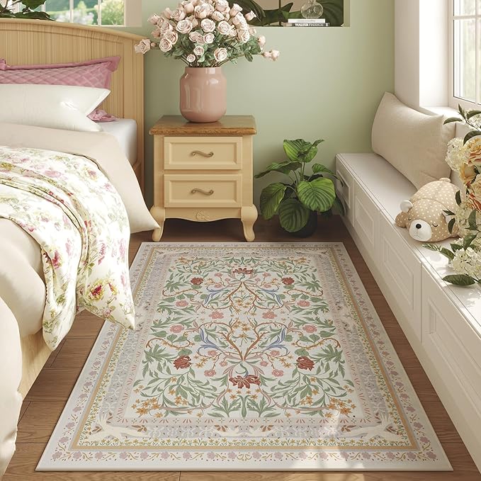 Area Rug 4x6 Rug Washable Vintage Floral Botanical Rugs Non Slip Low Pile Small Carpet for Bedroom, Bedside, Kids Room, Office, Dining Room, Beige