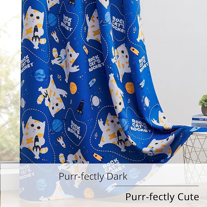 Kids Blackout Curtains - Space Cat Design, 100% Blackout, 2 Panels, Each W52×L63, Thermal Insulated Curtains for Bedroom, Noise Reducing, Combine Functionality with a Fun and Creative Design