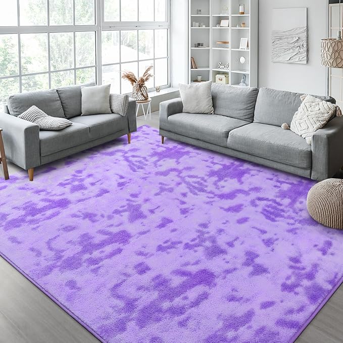 Kimicole 6x9 Washable Area Rugs for Living Room Bedroom, Large Low Pile Ulta-Thin Solid Color Rug, Non-Slip Soft Fluffy Carpet for Nursery Kids Room Dorm Room Home Decor (Purple)