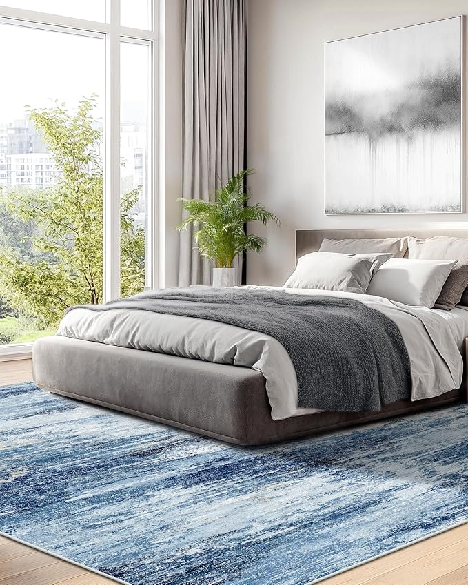 Amada 8x10 Area Rug, Modern Abstract Living Room Rug with Non-Slip Backing & Short Pile, Large Washable Rug with Abstract Pattern for Living Room, Bedroom and Dinning Room, Blue