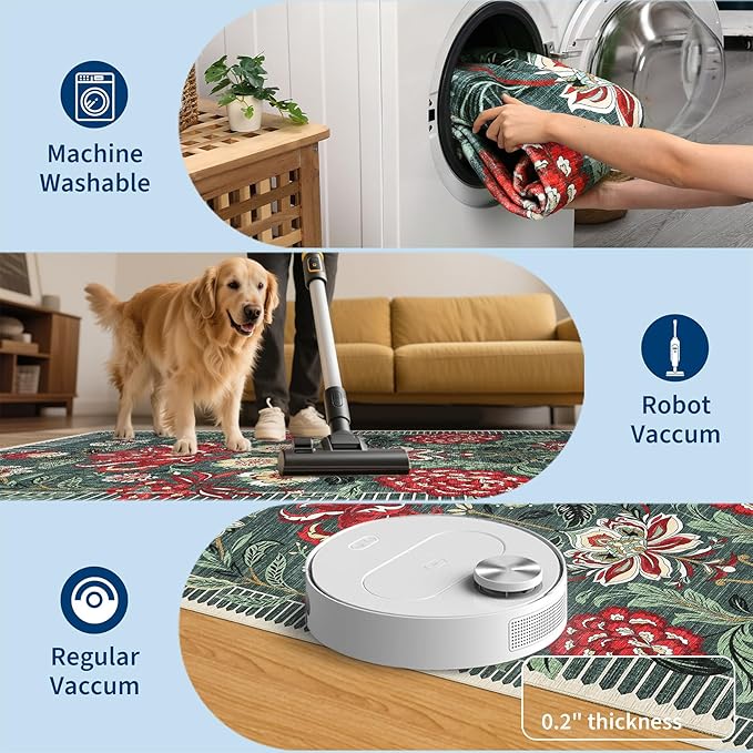 GarveeHome Floral Botanical 2x6 Washable Kitchen Runner Rugs Non Slip Grey Green Vintage Boho Cottage Long Rug for Hallways Bedroom Entryway Bathroom Mat with Rubber Back