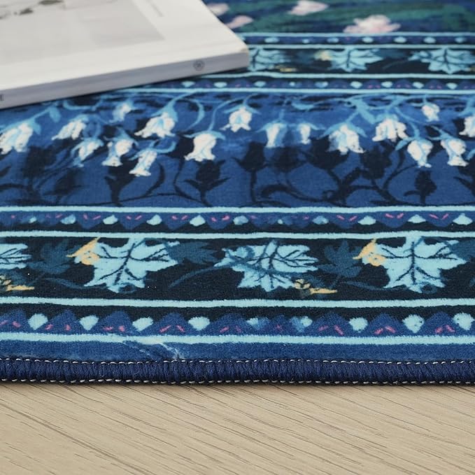 2x6 Runner Rug Impressionist-Style Vintage Kitchen Rugs Non Slip Washable Soft Carpet Runner for Kitchen Laundry Bedroom Bathroom, Blue