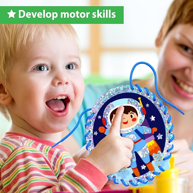 Premium Foil Edge Lacing Cards for Kids Ages 3-6 | 5 Double-Sided Space Sewing Cards with Multilingual Learning | Durable Cardboard Fine Motor Skills Activity Kit