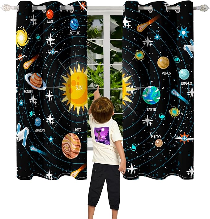 Solar System Curtain Panels - 2Pcs 82" x 63" 95% Blackout Outer Space Curtains for Boys Bedroom Grommet Room Darkening Galaxy Planets Themed Curtains for Living Room