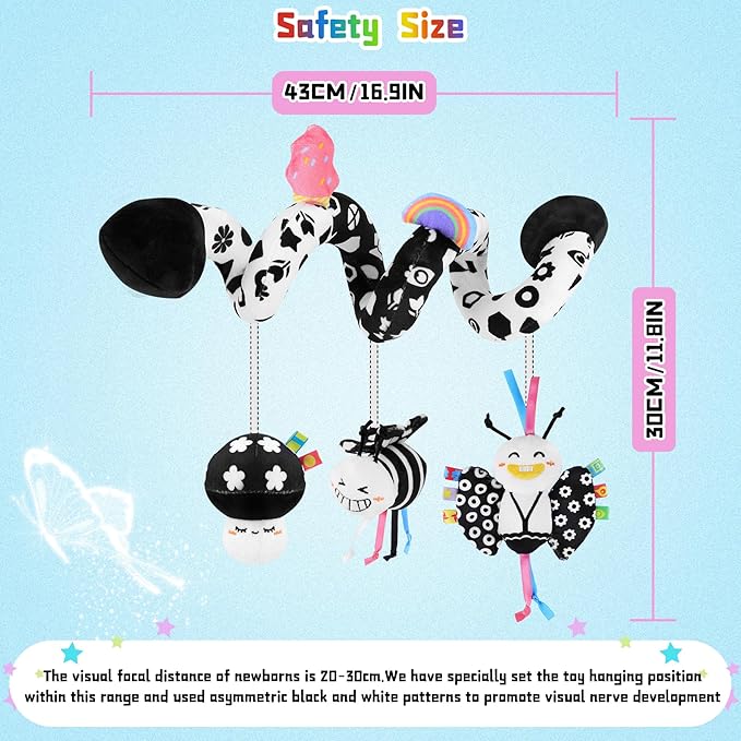 Spiral Car Seat Toys for Babies, 0-6 Months Stroller Pram Activity Hanging Toys High Contrast Black and White Sensory Toy, Newborn Soft Plush Travel Toy for Newborn Boys Girls Gift