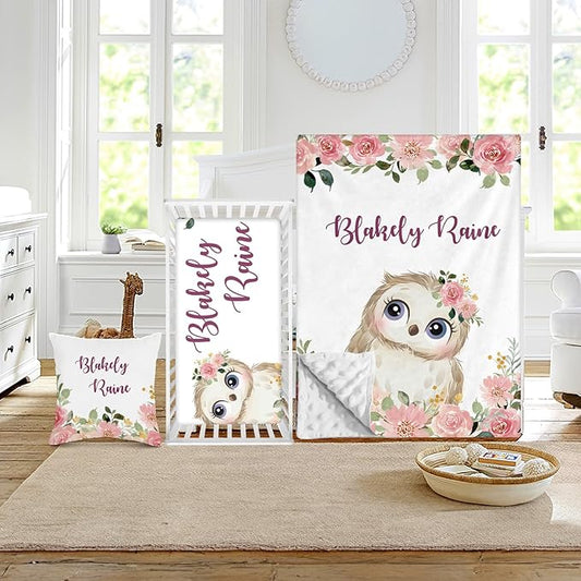 Custom Crib Bedding Set - Owl Design Personalized Name Baby Nursery Bed 3 Pcs Set - Chic Soft Blanket with Dotted Backing, Sheet, Pillowcase for Newborn Girls Boys Gifts Color21