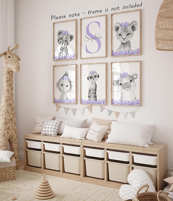 Personalized Safari Animals for Baby Girls Nursery Bedroom Unframed Set of 6 Poster Prints, Personalized Name Pink Purple Flowers Wall Art Decor New Baby Gift Present, Elephant Giraffe Panda Zebra Lion (12x16)