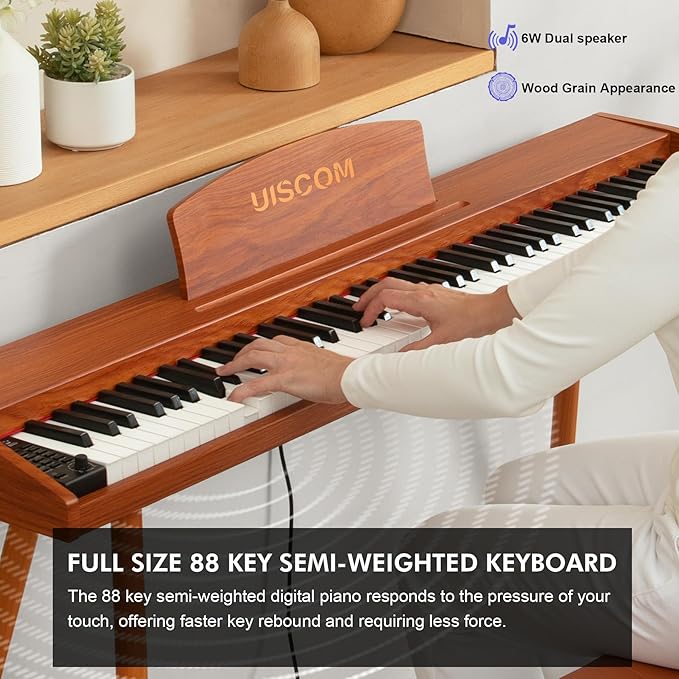Digital Piano Keyboard 88 Key Semi-Weighted for Beginners,Full Size Electric Piano with Stand,Triple Pedal,Adapter,Sheet Music Stand,Headphone,USB-MIDI Compatible,Wood Brown or black