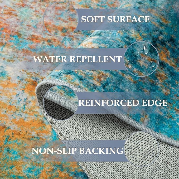 Washable Area Rugs 2'x6' Non-Slip Modern Abstract Soft for Living Room Entryway Bedroom Nursery, Print Pattern, Teal Blue Green Orange Rust Red Colorful