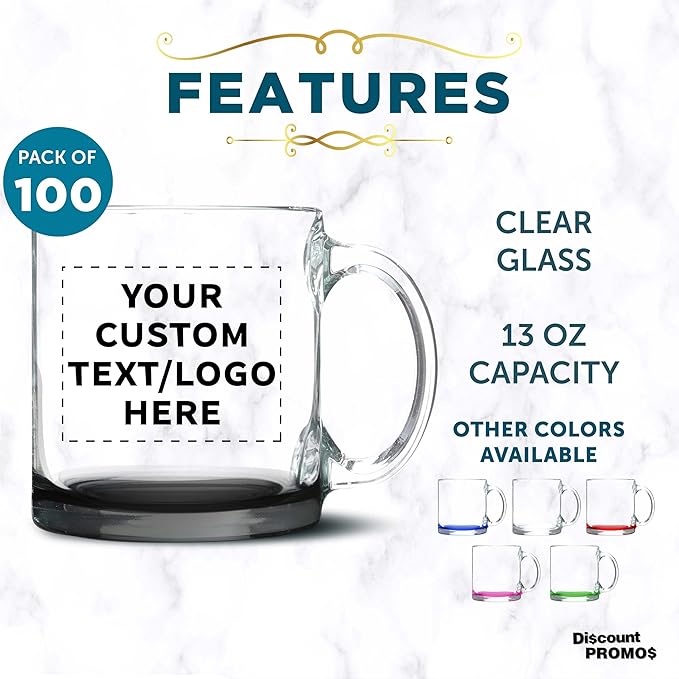 Custom Libbey Clear Glass Coffee Mugs 13 oz. Set of 100, Personalized Bulk Pack - Perfect for Coffee, Tea, Espresso, Hot Cocoa, Other Beverages - Black Bottom