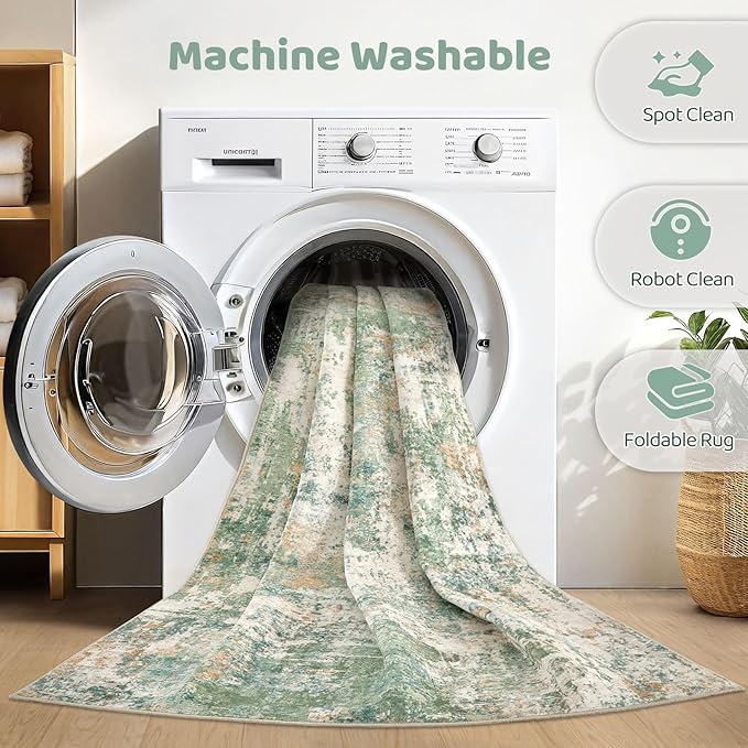 10x14 Area Rugs Living Room: Washable Large Abstract Soft Green Rug Stain Resistant Indoor Floor Non-Slip Accent Carpet for Men Modern Home Enthusiasts Aged 25-45 - Bedroom Office Playroom