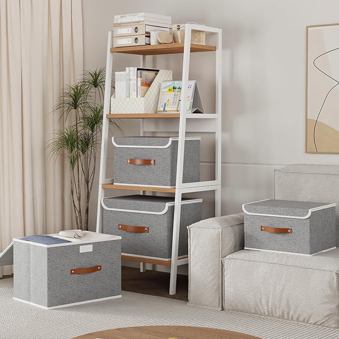 Yawinhe Collapsible Storage Boxes, Foldable Bin with Lids, Cube Clothes Organizer Basket with Handles, Grey, 13.0''Lx9.0''Wx7.9''H, 3-Pack, SNK024GS-3