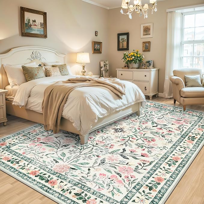 Area Rug Living Room Rugs: Floral 5x7 Washable Rug Vintage Soft Boho Non-Slip Carpet Indoor Stain Resistant Large Carpets for Bedroom Dining Room Farmhouse Nursery Hallway Home Office Green Beige