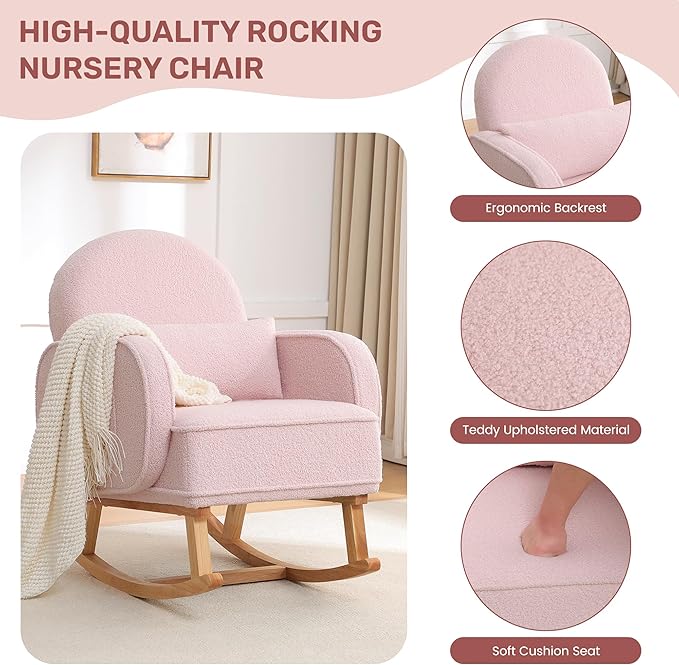 Rocking Chair Nursery with Ottoman, Upholstered Glider Rocker with High Backrest and Side Pocket, Rocking Accent Armchair with Solid Wood Legs for Nursery/Living Room/Bedroom Pink