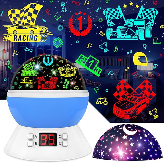 MOKOQI Cars Night Light for Boys - Rotating Projector Lamp with Race Car - Star Projector for Kids Age 3-8 - Ceiling Nightlight Projector with Cars and Stars - Birthday Gifts for Boys Room Decor