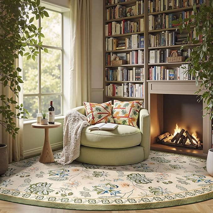 jinchan Floral Corner Rug for Living Room Washable Bedroom Rug Vintage Romance Design Non Slip Quarter Circle Lightweight Low-Pile Throw Carpet for Reading Nook Playroom,7ft Radius, Green/Beige