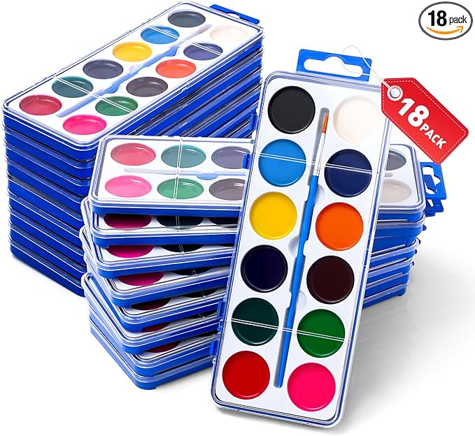 18 Pack Watercolor Paint Set for Kids, 12 Colors Watercolors Paints with Paint Brush, Kids Watercolor Paint Set for Party Favor, Classroom.