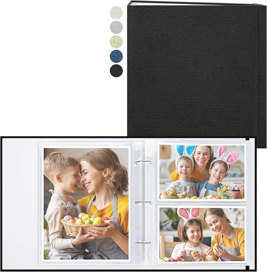 Vienrose Linen 3-Ring Photo Album Holds 250 Photos, 200 4x6 Photos and 50 6x8 Pictures, Picture Album with Multiple Size Pockets, Memory Book for Family Wedding Anniversary Baby, Black