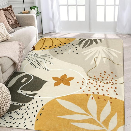 Lahome Boho Rug for Living Room - 5 x 7 Area Rugs Washable Non-Slip Soft Bedroom Carpet Ultra-Thin Throw Tan Dining Room Rug, Botanical Print Indoor Modern Floral Rug for Office Nursery Kids Room