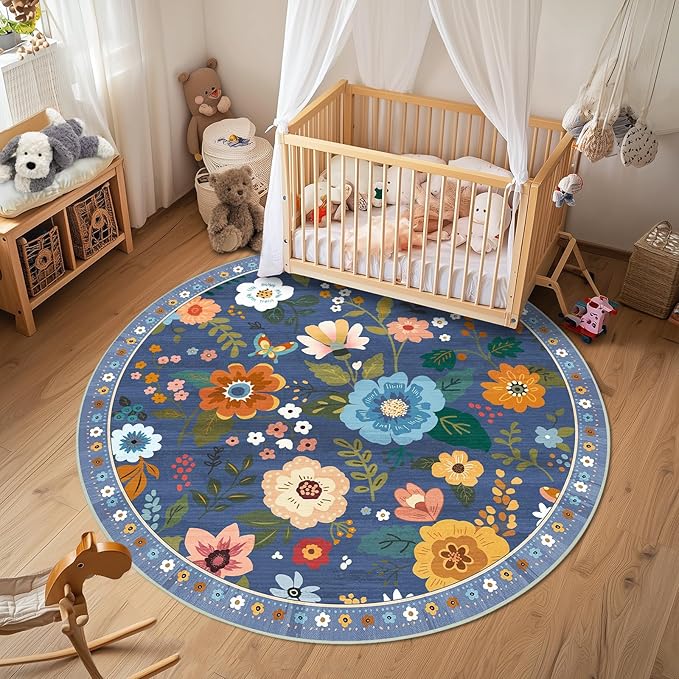 Floral 4ft Area Rug Machine Washable Soft Print Boho Carpet Non Slip Doormat Low Pile Flower Area Rugs for Living Room Bedroom Nursery Kitchen Dining Room Indoor-Blue/Grey