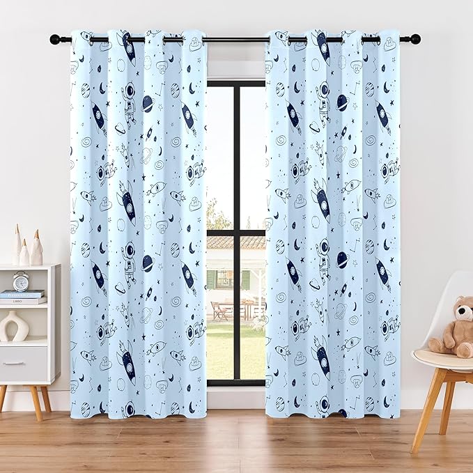 Kids Space Rocket and Astronaut Blackout Curtains - 100% Blackout, Thermal Insulated, Noise Reducing, Perfect for Kids Room and Nursery, 2 Panels (Sky-Blue Space Doodles, W52×L84)