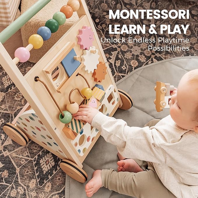 Tiny Land Wooden Baby Walker, Adjustable Speed Baby Push Walker for Boys and Girls, Montessori Activity Center Push Toy for Kids Development (Morandi)