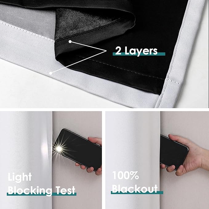 ChrisDowa 100% Blackout Curtains for Bedroom with Black Liner, 2 Thick Layers Total Blackout Thermal Insulated Grommet Window Curtains 2 Panels Set (Greyish White, 52 x 63 Inch)