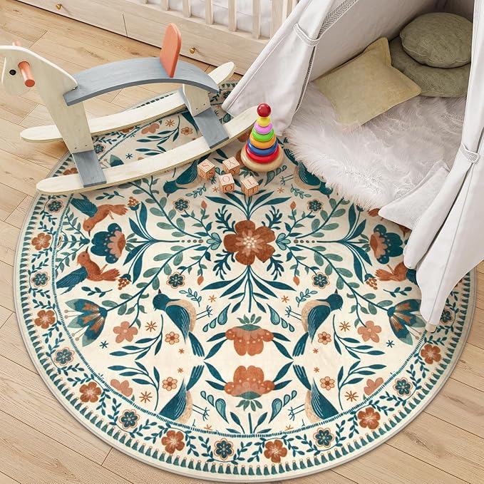 Moynesa Boho Bird Round Rug 6ft, Machine Washable Circle Area Rug for Living Room Ultra Thin Soft Large 6'x6' Bedroom Carpet for Office Kitchen Dining Room Under Table, Indoor, Easy Clean, Beige
