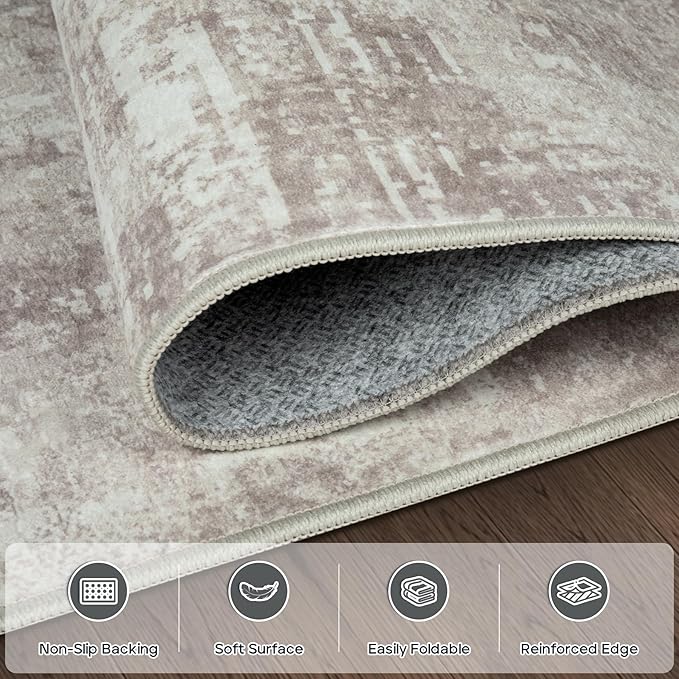 Runner Rug for Hallways Kitchen 2'6"x8' Washable, Non Slip Carpet 8ft Area Rugs Entryway Rubber Backed 8 Feet Neutral Abstract Modern Low Pile Indoor Brown Grey