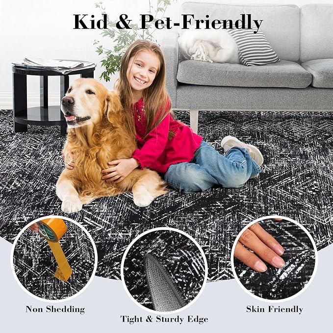 COZYLOOM Area Rug 6x9 Washable Rug for Bedroom Office Dining Room Living Room Vintage Non Slip Large Area Rug Geometric Soft Throw Low Pile Stain Resistant Carpet, Black