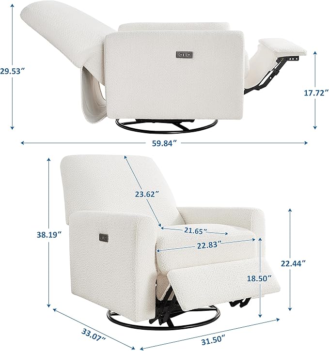 Power Swivel Glider Recliner Chair, Electric Nursery Rocker Recliner Chair, USB & Type-C Charger, Boucle White