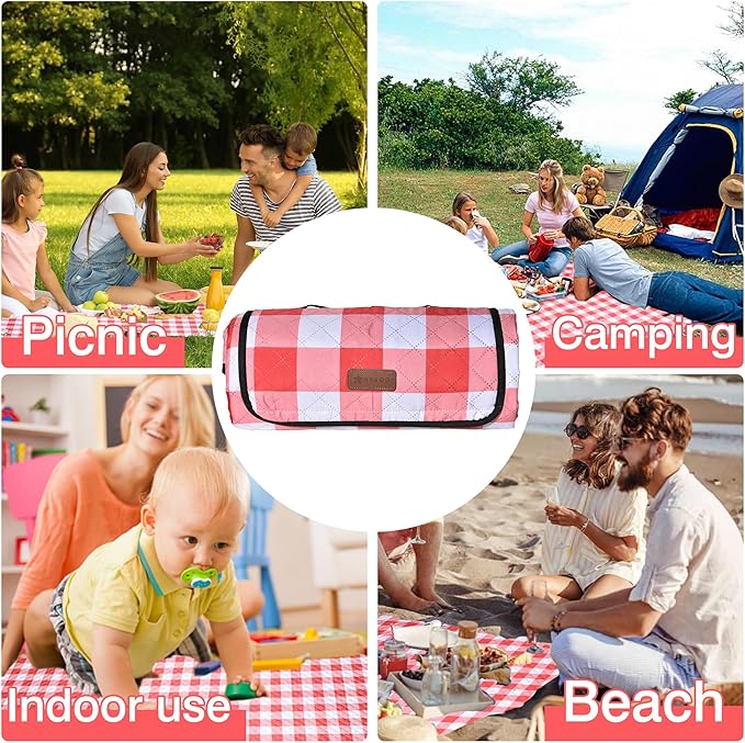 HX&OD Outdoor Picnic Blanket, Extra Large, 80''x80'' Waterproof Foldable Blankets Gingham Picnic Mat for Beach, Camping Grass Lawn Park Accessories Cute Couple Ideas Wedding (Red, 80”x80”)