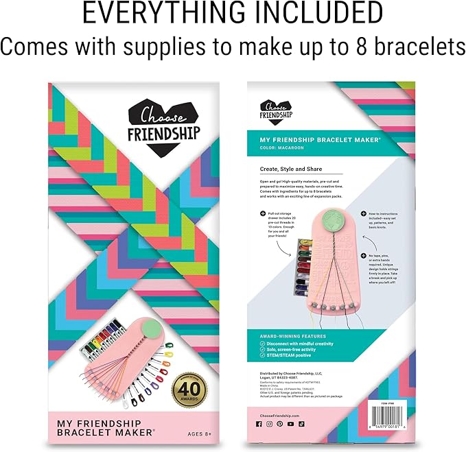 Choose Friendship Bracelet Making Kit – 20 Pre-Cut Threads, Portable Loom with Storage, Makes 8 Bracelets, Craft Gift for Kids Ages 8+, Blush Pink “Macaroon”